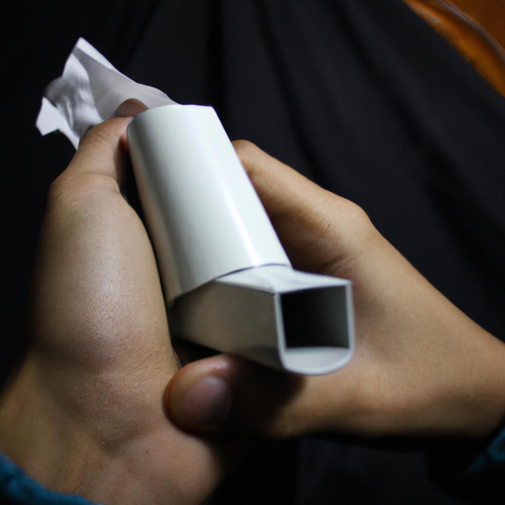 Person holding tissue, using inhaler